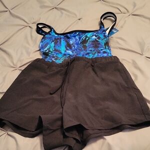 Blue and Black Tank Top with Shorts Set
